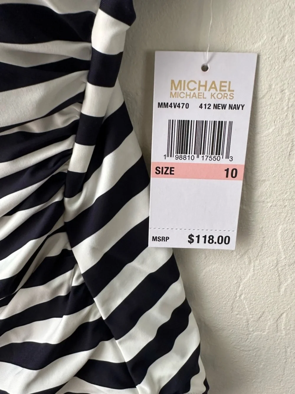 NWT Michael Kors Ruched Chain-Link One-Piece Swim - Navy/White Stripe Size 10